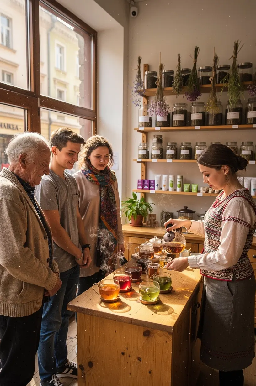 Šilto vaistažolių arbatos puodelis ant medinio stalo, supantis ramybės ir pusiausvyros atmosferą.